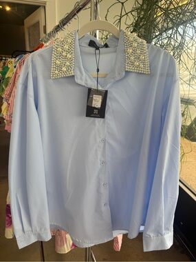 Beulah Light Blue Button-Down Shirt with Pearl-Embellished Collar